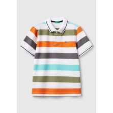 United Colors Of Benetton Erkek Çocuk Turuncu Mix Çizgili Logo Işlemeli Polo T-Shirt