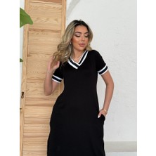 Modasize Kadın Kısa Kollu V Yaka Kol ve Yaka Ribana Detay Midi Boy Viskon Elbise