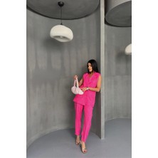 Modasize Jakar Kumaş Yelek - Pantolon Takım - Fuşya