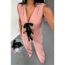 Modasize Gofre Bluz-Pantolon Tk Kurdele Detaylı - Somon