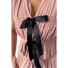 Modasize Gofre Bluz-Pantolon Tk Kurdele Detaylı - Somon