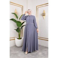 Nevayla Moda Yaka ve Bel Nakış Detaylı Ferace - Gri / F0143