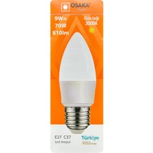 (1 adet) Osaka 9W (70W) Sarı Işık (3000K) E27 DUYLU (Kalın Duy) LED Mum Ampul