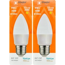 (2 adet) Osaka 9W (70W) Sarı Işık (3000K) E27 DUYLU (Kalın Duy) LED Mum Ampul