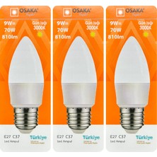 (3 adet) Osaka 9W (70W) Sarı Işık (3000K) E27 DUYLU (Kalın Duy) LED Mum Ampul