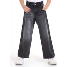 Kız Çocuk Taşlı Geniş Paça Bel Ayarlı Kot Pantolon