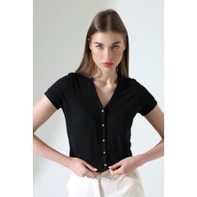 Vasi Kadın Yazlık Ajurlu Kısa Kollu Şık Düğmeli (Over Waist) Kısa Hırka - Siyah