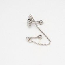 2'li Kombin Çiçek ve Taş Zincirli Çelik Piercing… Gümüş/Silver Renkli ve Şeffaf Taşlı (Targus Helix Conch Flat)