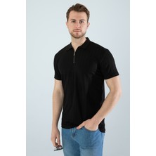 Erkek Slim Fit Likralı Yarım Fermuarlı Polo Yaka Dikine Çizgi Desenli Pamuklu Likralı Kısa Kol T-Shirt