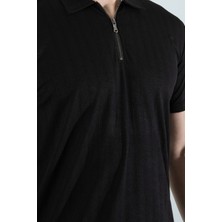 Erkek Slim Fit Likralı Yarım Fermuarlı Polo Yaka Dikine Çizgi Desenli Pamuklu Likralı Kısa Kol T-Shirt