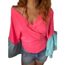 Neon Pembe Renk Bloklu Kimono Bluz