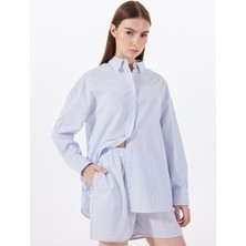 Mustang Loose Fit Gömlek Yaka Çizgili Mavi - Beyaz Kadın Gömlek M5SL-GML1695