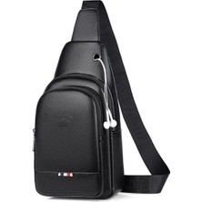 Unisex Siyah Vegan Deri Kulaklık Çıkışlı Çapraz Omuz Çantası Bel Çantası Günlük Çanta