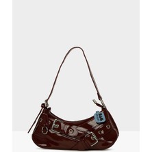 Bordo Kadın Kemer Aksesuarlı Askı Detaylı Rugan  Baget Çanta M000008443