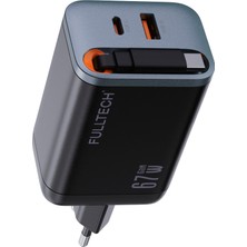 Fulltech FC23 67W Gan Hızlı Şarj Adaptörü | Dahili Retractable Usb-C Kablo + Usb-A Çıkışı | Telefon, Tablet ve Laptop Uyumlu