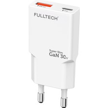 Fulltech FC71 30W Gan Süper Ince Hızlı Şarj Adaptörü | 1x Usb-A + 1x Usb-C | Pd 30W & Qc 3.0 Destekli Seyahat Tipi Şarj Cihazı
