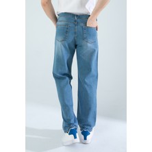 Erkek Baggy Fit Kalıp Taşlamalı Rahat Kesim Bol Paça Orta Mavi Denim Kot Pantolon