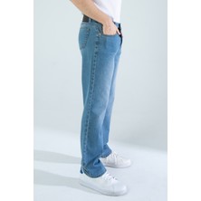 Erkek Baggy Fit Kalıp Taşlamalı Rahat Kesim Bol Paça Orta Mavi Denim Kot Pantolon