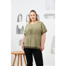 Rmg Pul Payet Işlemeli Büyük Beden Boyamalı Tişört Haki