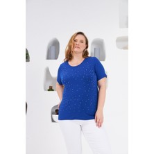 Rmg Taş Işlemeli Bisiklet Yaka Büyük Beden Tişört Saks