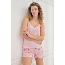 Kadın Ince Askı Şortlu Pembe Kiraz Desen Pijama Takımı 70107-924
