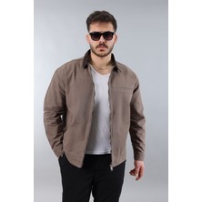 Erkek Regular Fit Yaka Garni Fermuarlı Vizon Kot Ceket
