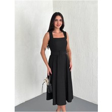 Likralı Kemer Detaylı Midi Askılı Elbise DPK4199