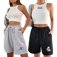 Siyah Gri 2'li Düz Renk Kadın Regular Şort Lilo Stitch Kuromi Hellokitty