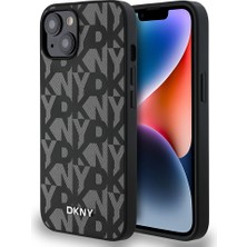 iPhone 14 Kılıf Dkny Orjinal Lisanslı M-Safe Şarj Özellikli 3D Yazılı Grid Pattern Kapak Gri