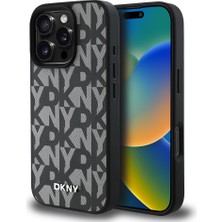 iPhone 16 Pro Max Kılıf Dkny Orjinal Lisanslı M-Safe Şarj Özellikli 3D Yazılı Grid Pattern Kapak Gri