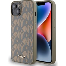 iPhone 14 Kılıf Dkny Orjinal Lisanslı M-Safe Şarj Özellikli 3D Yazılı Grid Pattern Kapak Kahverengi