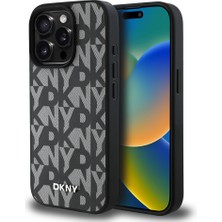 iPhone 15 Pro Max Kılıf Dkny Orjinal Lisanslı M-Safe Şarj Özellikli 3D Yazılı Grid Pattern Kapak Gri