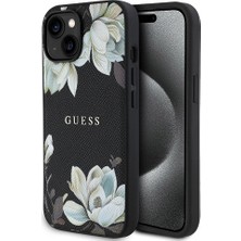 Guess Apple iPhone 15 Kılıf  Lisanslı M-Safe Özellikli Taneli Çiçek Tasarımlı Metal Yazı Logolu Kapak Siyah