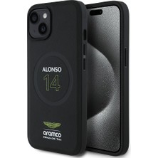 iPhone 15 Kılıf Aston Martin Lisanslı M-Safe Şarj Özellikli Pu Deri Alonso 14 Baskılı Kapak Siyah