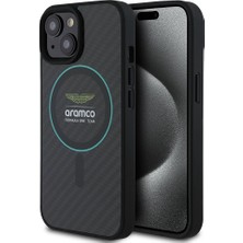 iPhone 15 Kılıf Aston Martin Lisanslı M-Safe Uyumlu Renkli Halka ve Karbon Fiber Kapak Siyah-Yeşil