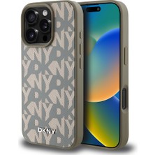 iPhone 16 Pro Max Kılıf Dkny Lisanslı M-Safe Şarj Özellikli 3D Yazılı Grid Pattern Kapak Kahverengi