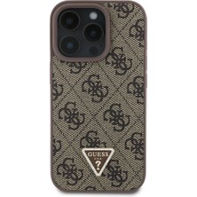 Guess Apple iPhone 16 Pro Kılıf  Lisanslı Pu Deri Taşlı Üçgen Logo 4g Desenli Strass Kapak Kahverengi