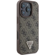 Guess Apple iPhone 16 Pro Kılıf  Lisanslı Pu Deri Taşlı Üçgen Logo 4g Desenli Strass Kapak Kahverengi