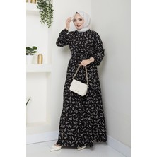 Nevayla Moda Yaprak Desenli Bağlamalı Viskon Elbise - Siyah / E0125