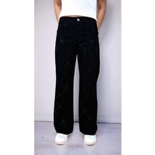 Kız Çocuk %100 Pamuk Taş Işlemeli Palazzo Kot PANTOLON-PNT-2055