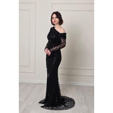 Siyah Düşük Yaka Tek Omuz Abiye 5315