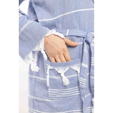 Pamuklu Mavi Renkli Kapşonlu Peştamal Bornoz, Sabahlık,plaj Elbisesi