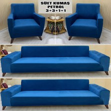 Süet Detaylı Angora Kumaş 2 Adet Üçlü & Çekyat- 2 Adet Tekli Set Koltuk Kılıfı