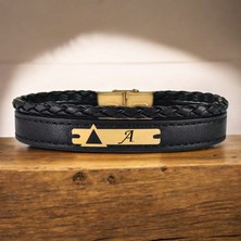 14 Ayar Plakalı Altın Üçgen Detaylı Dikdörtgen Motifli Özgün Derili Erkeklere Özel Harf Bilekliği-390Harf-Siyah