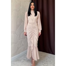 Drapeli ve Büzgülü Tasarım Dik Yaka Şık Kadın Şifon Abiye Elbise 7638