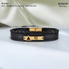 14 Ayar Altın Plakalı Erkekler İçin Üçgen Detaylı Dikdörtgen Figürlü Özgün Derili Doğum Ay Bilekliği-390AY-Siyah