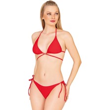 Endeep Beria Kadın Çapraz Bağlama Detaylı Üçgen İpli Kırmızı Bikini Takımı