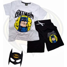 Batman Baskılı Tişört Şort ve Batman Maskeli Beyaz Renk Çocuk Takım