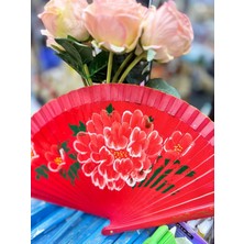 Yelpaze Bambu Çift Taraflı Çiçekli El Boyama Kırmızı