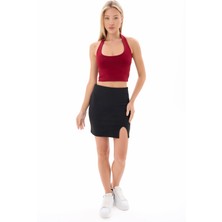 Kadın Bordo Boyundan Geçmeli Crop